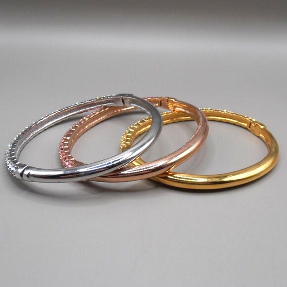Lot of 3 Nolan Miller Swarovski Crystal Hinged Bangles Silver, Gold, Rose Gold - Picture 2 of 5